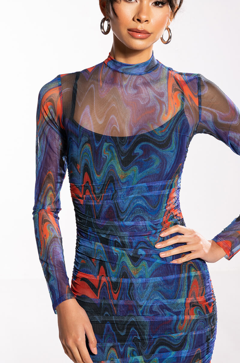 BREAK THE MOLD LONG SLEEVE RUCHED MESH MIDI DRESS