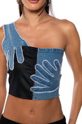 BREAKING CHAINS TWO TONED PU DENIM TOP