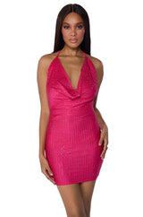 BRING IT EMBELLISHED COWL NECK MINI DRESS IN HOT PINK