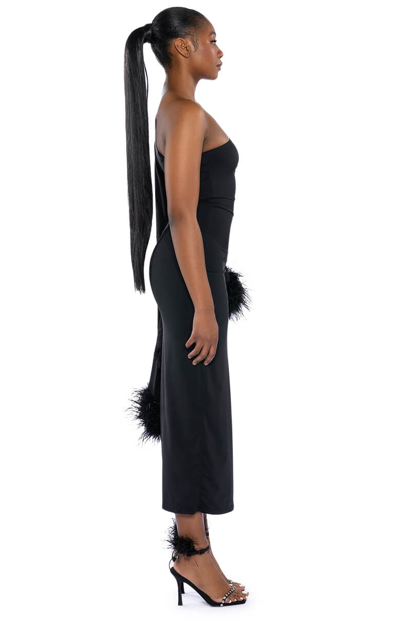 BRING THE DRAMA ONE SLEEVE FEATHER DRESS