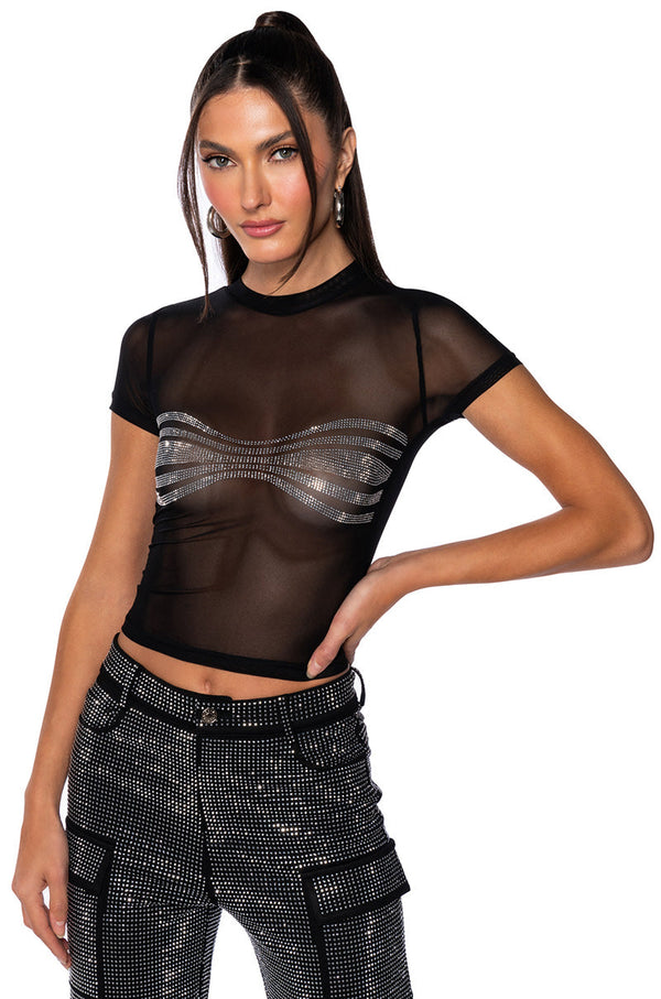 BROOKLYN EMBELLISHED MESH CROP T SHIRT