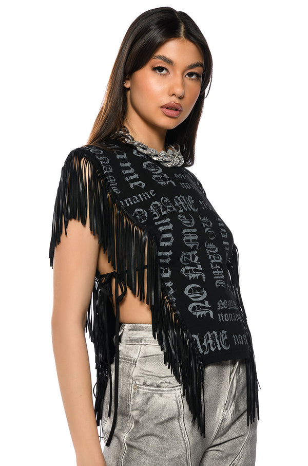 BROOKLYN GRAPHIC PRINTED FRINGE TRIM TSHIRT