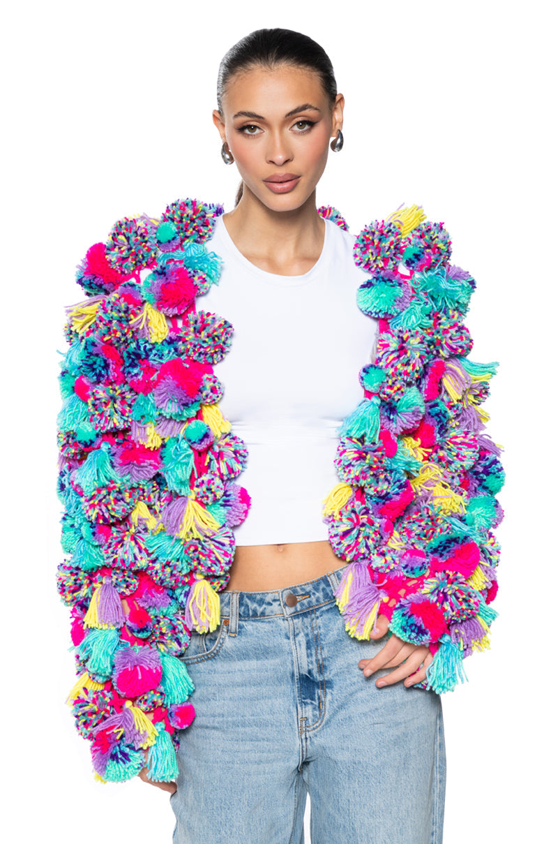 MULTI COLORED POM POM SWEATER