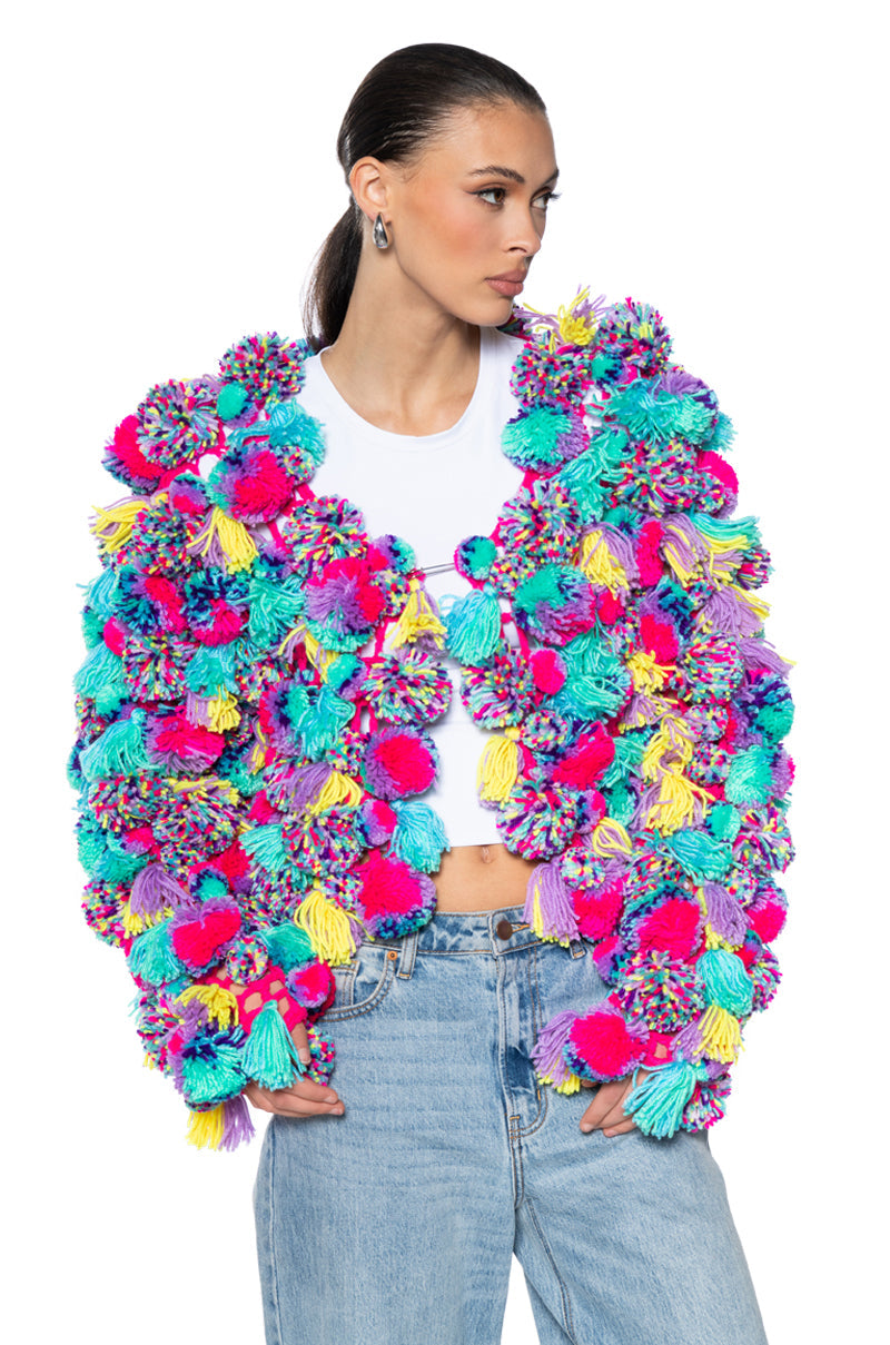 MULTI COLORED POM POM SWEATER