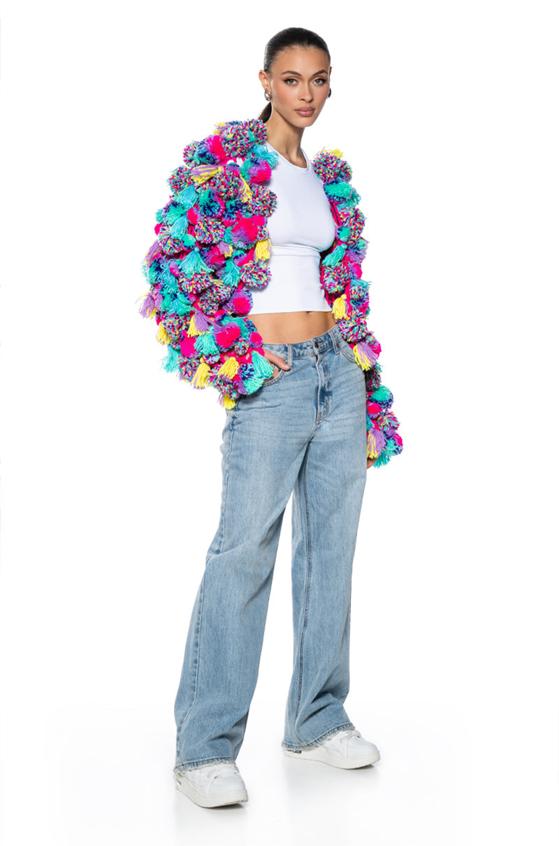 MULTI COLORED POM POM SWEATER