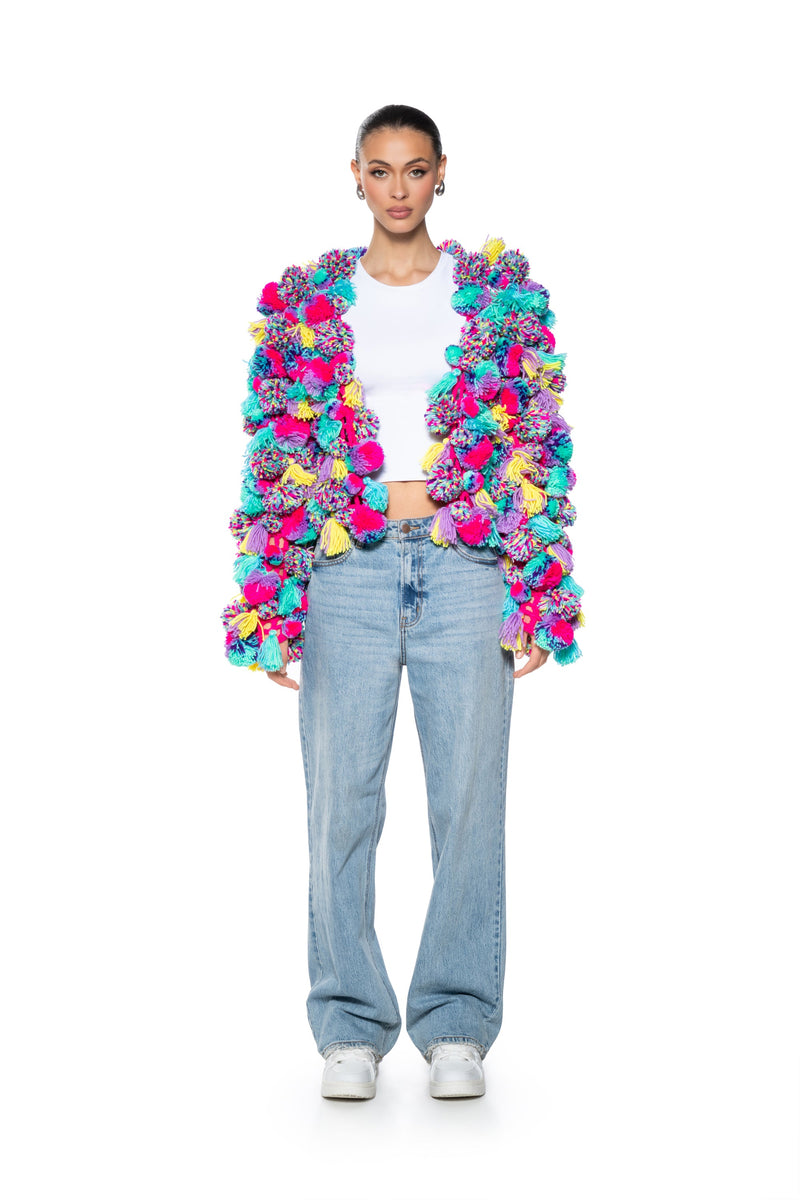 MULTI COLORED POM POM SWEATER