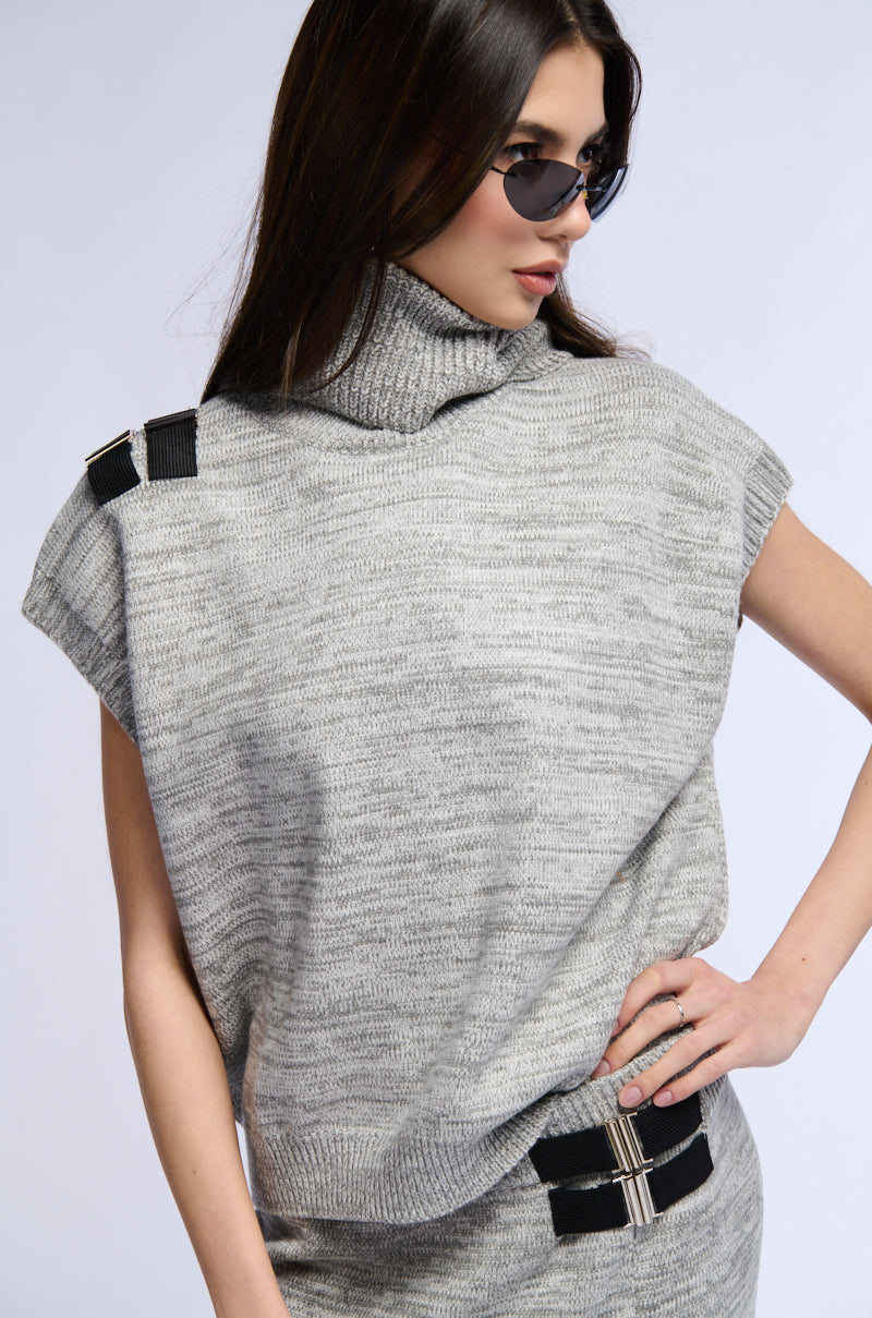 BUCKLE UP SLEEVELESS TURTLENECK SWEATER TOP