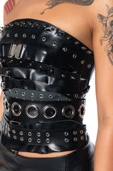 BUCKLED UP FAUX LEATHER STUDDED CORSET