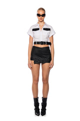 BUTTON DOWN SHORT SLEEVE SHIRT WITH BELT DETAIL