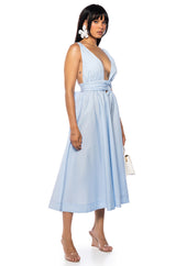 CAIDEN TIE FRONT MIDI DRESS IN BLUE