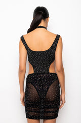 CAN'T HELP IT RHINESTONE MINI DRESS WITH CUT OUTS