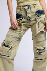 CAPRICE DISTRESSED DENIM CARGO CONVERTIBLE ZIP OFF PANT