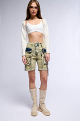 CAPRICE DISTRESSED DENIM CARGO CONVERTIBLE ZIP OFF PANT