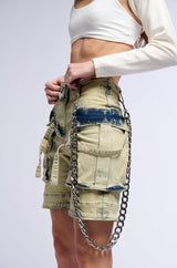 CAPRICE DISTRESSED DENIM CARGO CONVERTIBLE ZIP OFF PANT