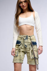 CAPRICE DISTRESSED DENIM CARGO CONVERTIBLE ZIP OFF PANT