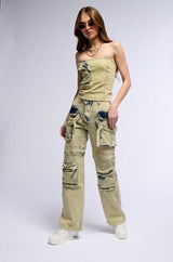 CAPRICE DISTRESSED DENIM CARGO CONVERTIBLE ZIP OFF PANT
