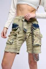 CAPRICE DISTRESSED DENIM CARGO CONVERTIBLE ZIP OFF PANT