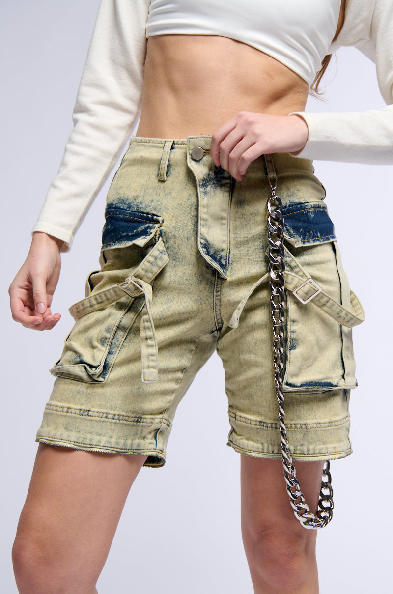 CAPRICE DISTRESSED DENIM CARGO CONVERTIBLE ZIP OFF PANT