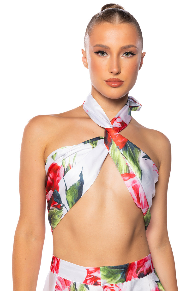 CARAMELLA TWIST FRONT SATIN CROP TOP