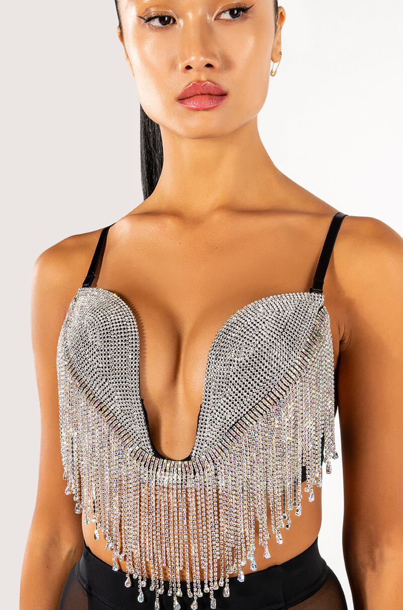 CARNIVALE RHINESTONE FRINGE BRA TOP