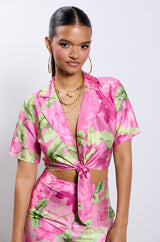 CATCH ME IN MIAMI PRINTED SATIN SHIRT
