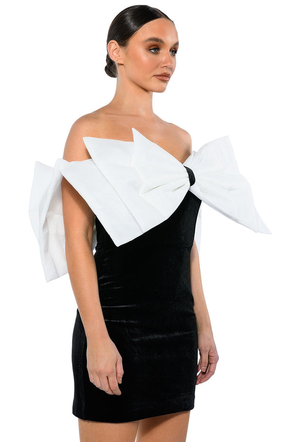 CELINE STATEMENT BOW VELVET MINI DRESS
