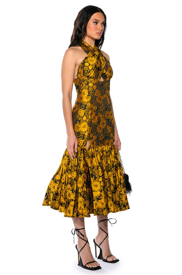 CHA CHA BROCADE HALTER NECK MIDI DRESS