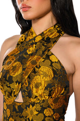 CHA CHA BROCADE HALTER NECK MIDI DRESS