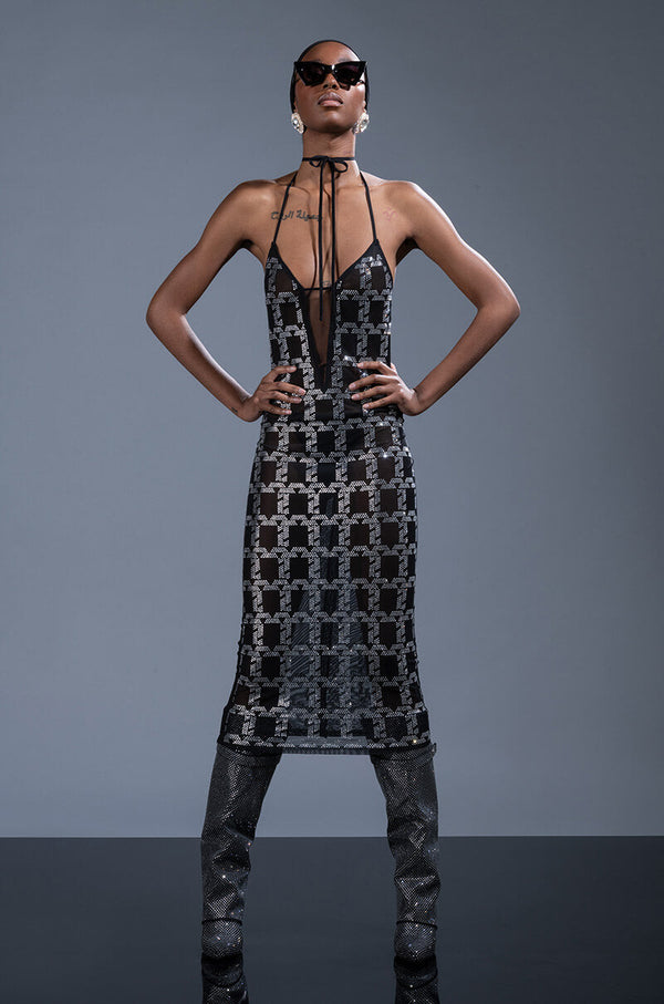 CHAIN ME UP RHINESTONE MESH MIDI DRESS
