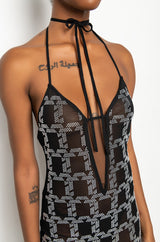 CHAIN ME UP RHINESTONE MESH MIDI DRESS