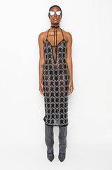 CHAIN ME UP RHINESTONE MESH MIDI DRESS