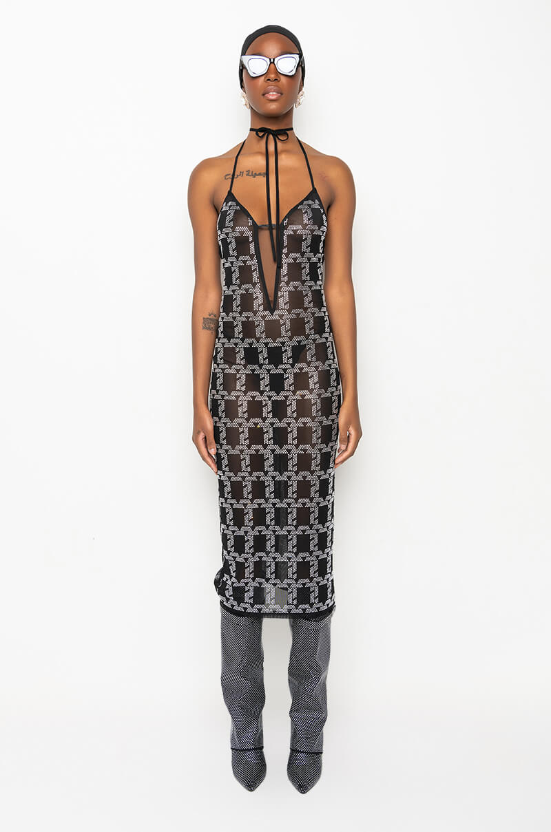 CHAIN ME UP RHINESTONE MESH MIDI DRESS