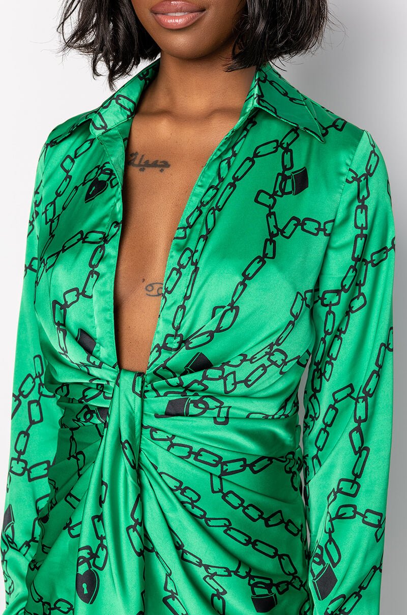 CHAIN OF LOVE SATIN SHIRT DRESS