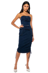 CHARLIE DENIM CARGO STRAPLESS MIDI DRESS