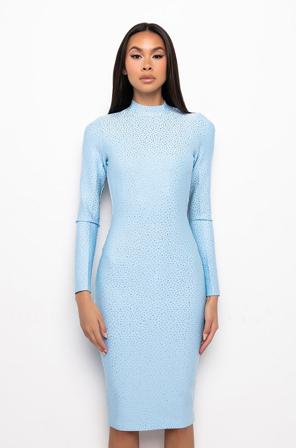 CHECK MY BACK RHINESTONE BANDAGE MIDI DRESS