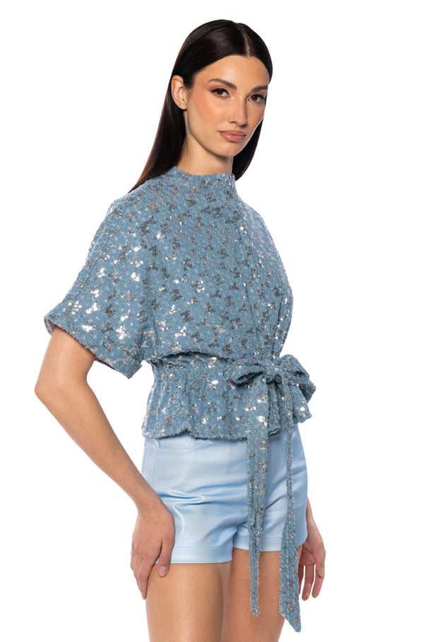 CHECKS NOT CHESS SEQUIN BELTED BLOUSE