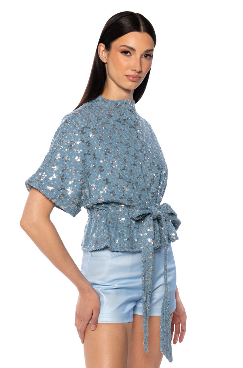 CHECKS NOT CHESS SEQUIN BELTED BLOUSE