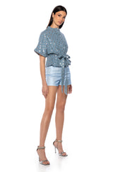CHECKS NOT CHESS SEQUIN BELTED BLOUSE