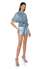 CHECKS NOT CHESS SEQUIN BELTED BLOUSE