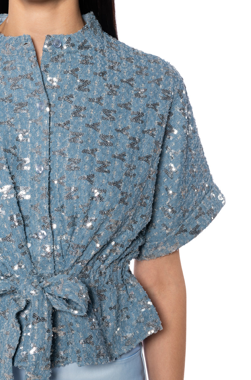 CHECKS NOT CHESS SEQUIN BELTED BLOUSE