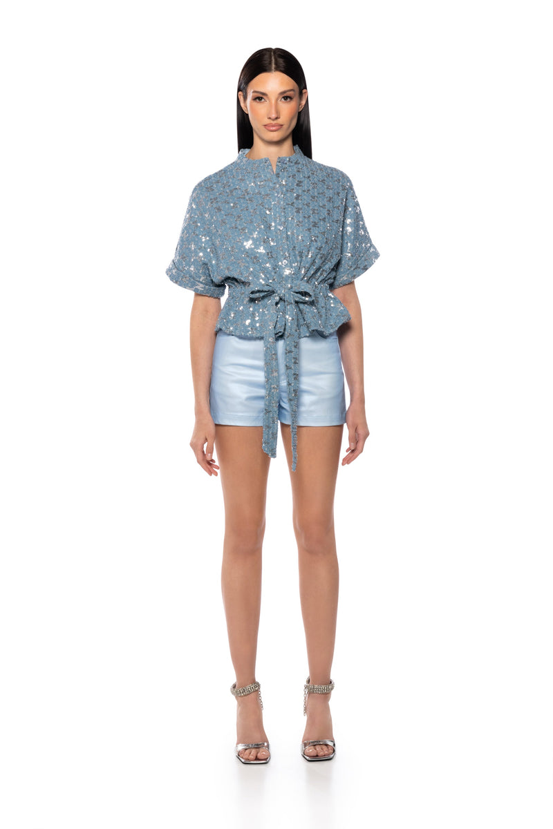 CHECKS NOT CHESS SEQUIN BELTED BLOUSE