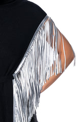 CHEYENNE FAUX LEATHER FRINGE BELTED SWEATER