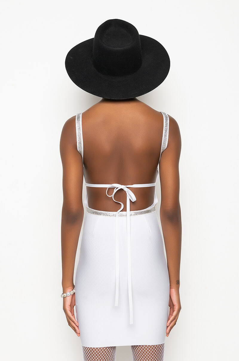 BANDAGE LOW BACK STONE DETAIL MINI DRESS