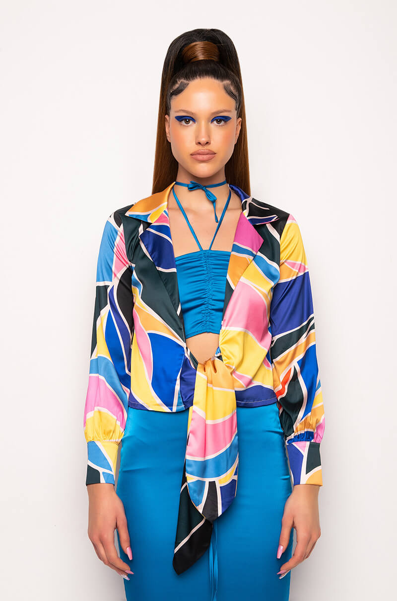 CHIQUITA SATIN TIE FRONT BLOUSE