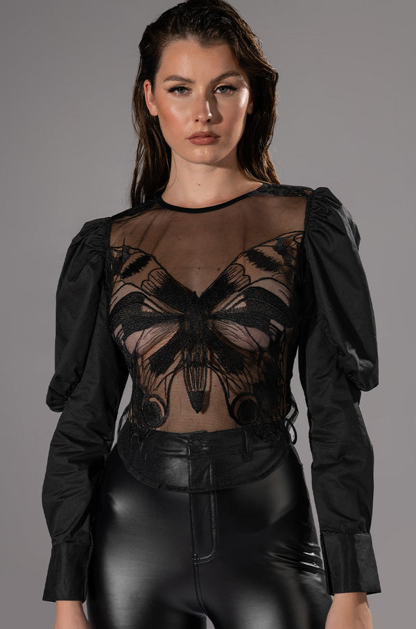 CHOSEN ONE PUFF SLEEVE MESH APPLIQUE TOP