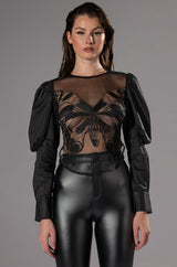 CHOSEN ONE PUFF SLEEVE MESH APPLIQUE TOP