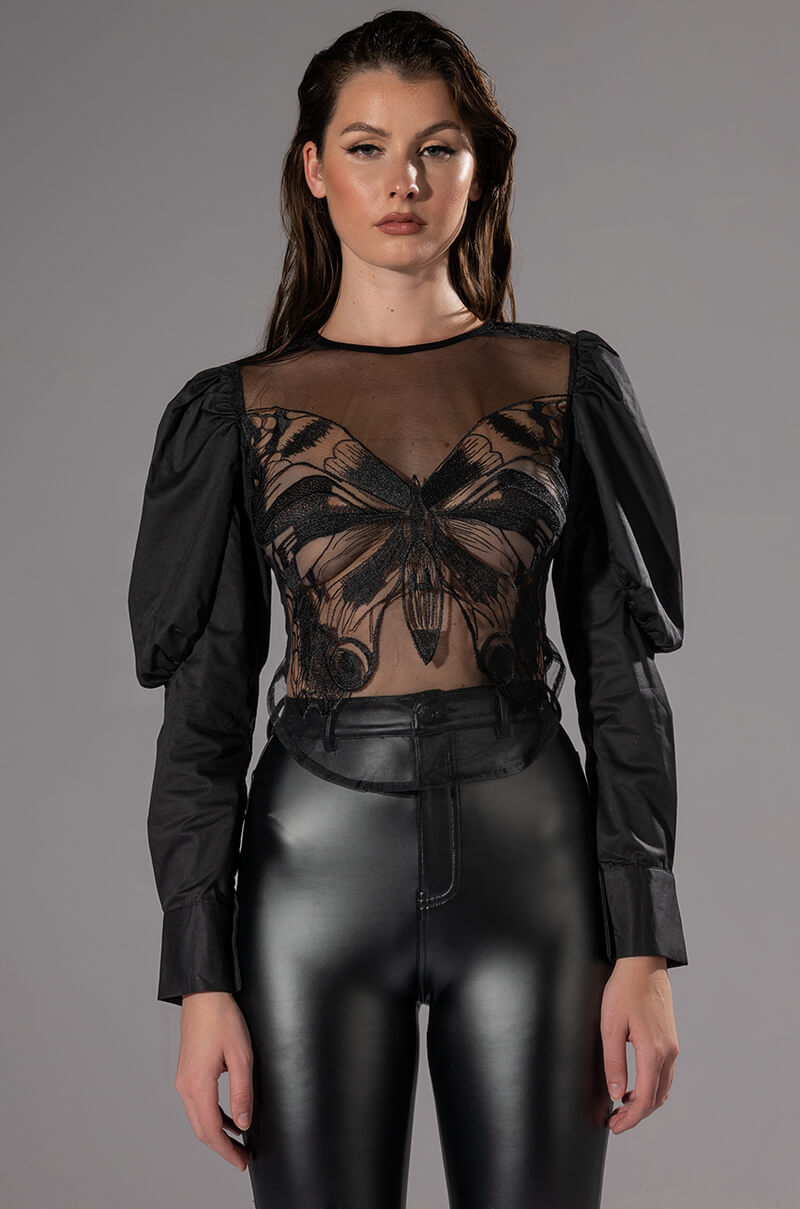 CHOSEN ONE PUFF SLEEVE MESH APPLIQUE TOP