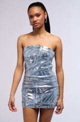 CHROME HEARTS METALLIC DENIM MINI DRESS