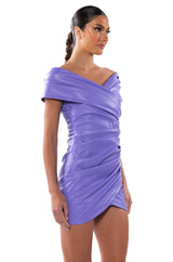 CIELO OFF THE SHOULDER RUCHED FAUX LEATHER MINI DRESS