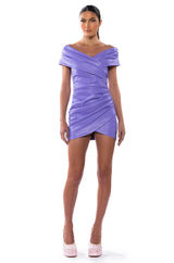 CIELO OFF THE SHOULDER RUCHED FAUX LEATHER MINI DRESS